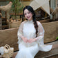 Lâm Anh - Rosette Cream High Collar Embroidery Chrysanthemum Bow Sleeves Pearls Ao Dai Top Only, NO PANTS