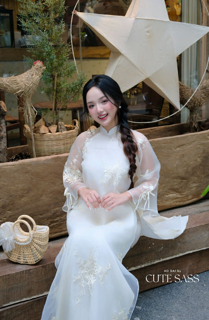 Lâm Anh - Rosette Cream Shifted High Collar Embroidery Chrysanthemum Bow Sleeves Pearls Ao Dai Top Only, NO PANTS - 20D