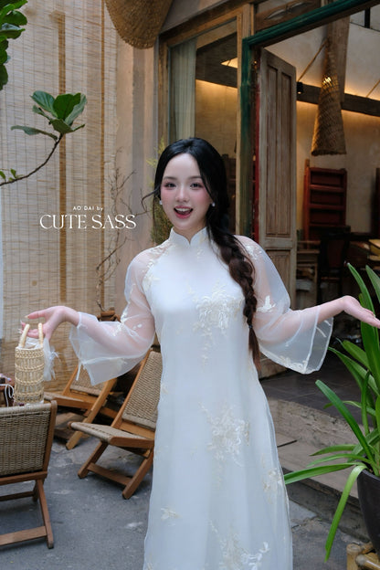 Lâm Anh - Rosette Cream Shifted High Collar Embroidery Chrysanthemum Bow Sleeves Pearls Ao Dai Top Only, NO PANTS - 20D