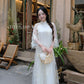 Lâm Anh - Rosette Cream High Collar Embroidery Chrysanthemum Bow Sleeves Pearls Ao Dai Top Only, NO PANTS