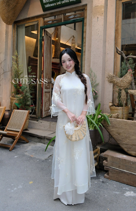 Lâm Anh - Rosette Cream High Collar Embroidery Chrysanthemum Bow Sleeves Pearls Ao Dai Top Only, NO PANTS