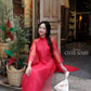 Lâm Anh - Rosette Red High Collar Embroidery Chrysanthemum Bow Sleeves Pearls Ao Dai Top Only, NO PANTS