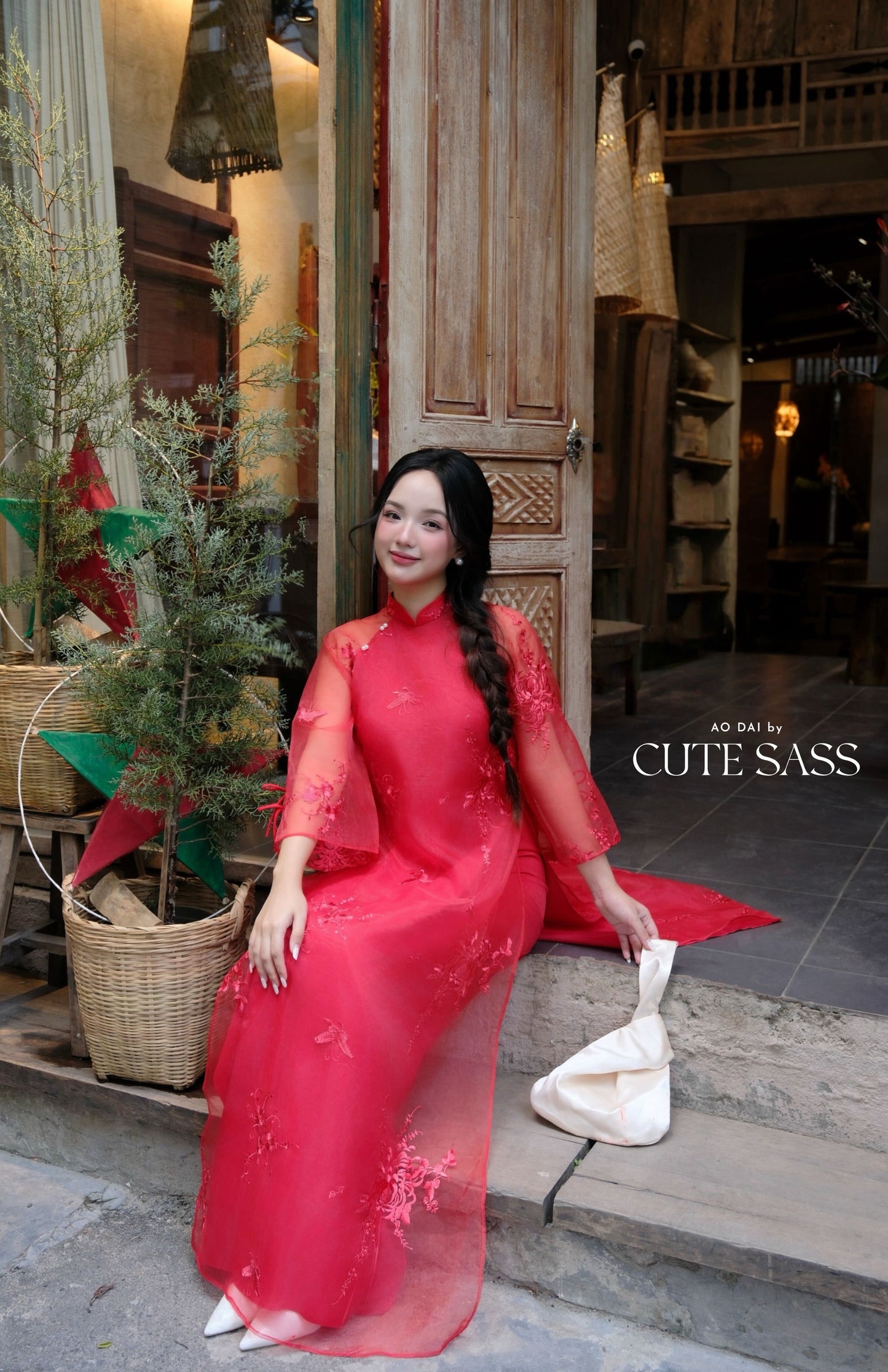 Lâm Anh - Rosette Red High Collar Embroidery Chrysanthemum Bow Sleeves Pearls Ao Dai Top Only, NO PANTS