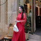 Lâm Anh - Rosette Red High Collar Embroidery Chrysanthemum Bow Sleeves Pearls Ao Dai Top Only, NO PANTS
