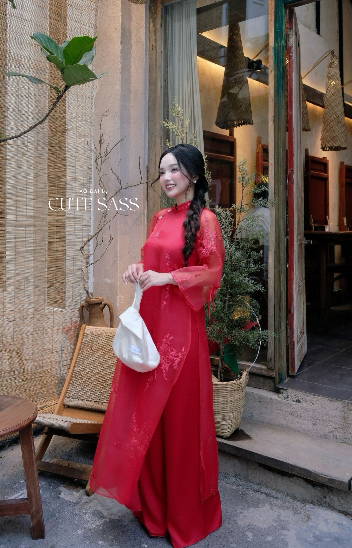 Lâm Anh - Rosette Red High Collar Embroidery Chrysanthemum Bow Sleeves Pearls Ao Dai Top Only, NO PANTS