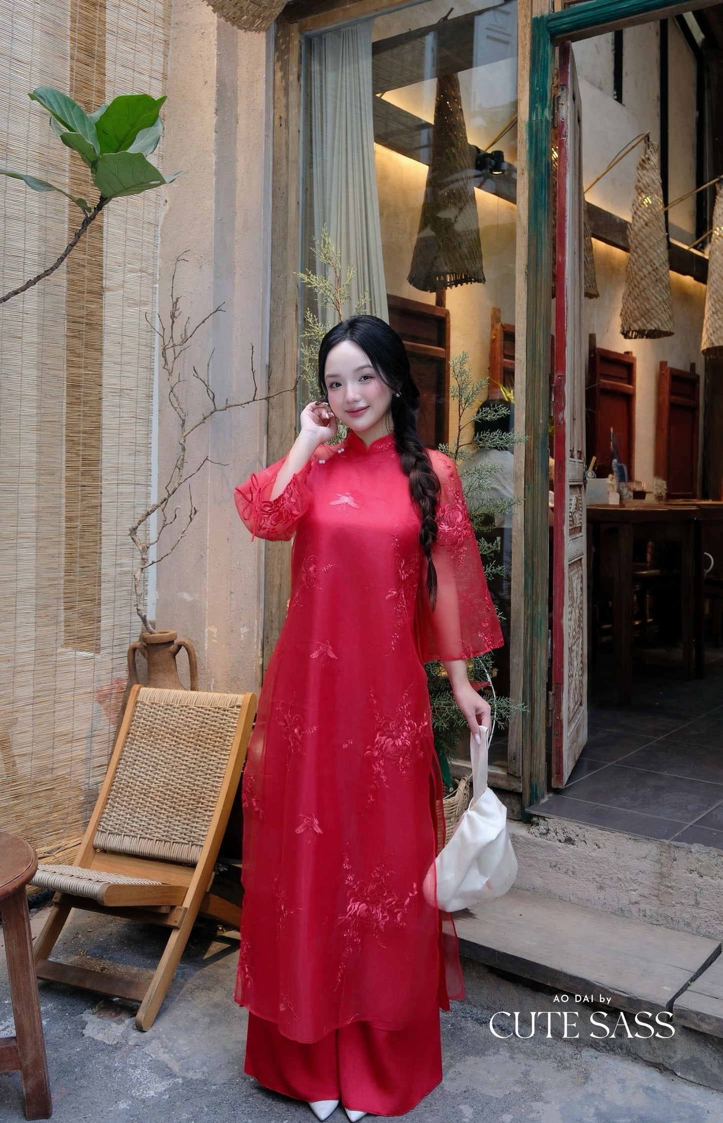 Lâm Anh - Rosette Red High Collar Embroidery Chrysanthemum Bow Sleeves Pearls Ao Dai Top Only, NO PANTS