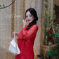 Lâm Anh - Rosette Red High Collar Embroidery Chrysanthemum Bow Sleeves Pearls Ao Dai Top Only, NO PANTS