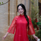 Lâm Anh - Rosette Red High Collar Embroidery Chrysanthemum Bow Sleeves Pearls Ao Dai Top Only, NO PANTS