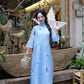 Lâm Anh - Fleur Blue Asymmetrical High Collar Embroidery Butterfly Chiffon Ao Dai Top Only, NO PANTS