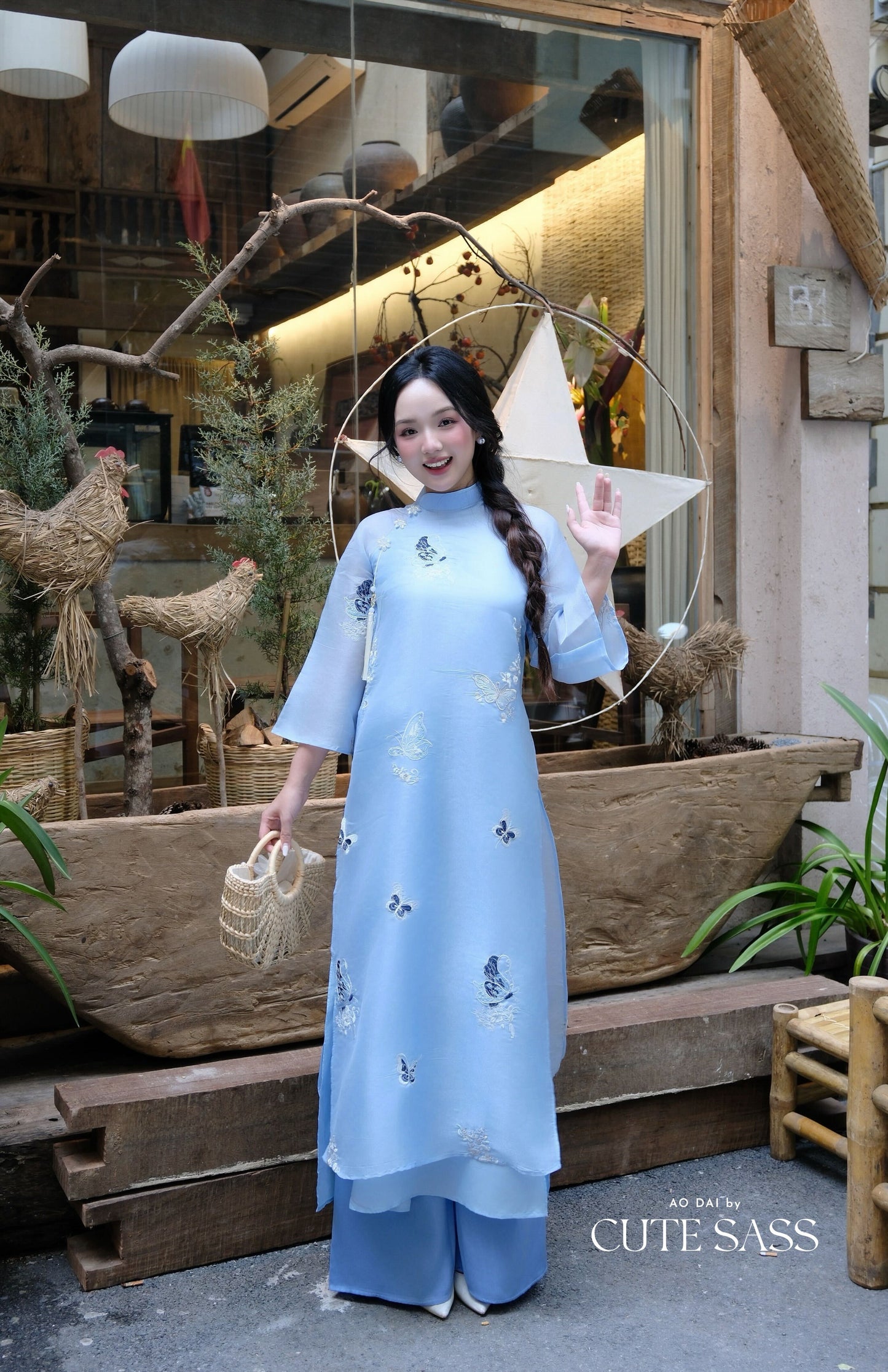 Lâm Anh - Fleur Blue Asymmetrical High Collar Embroidery Butterfly Chiffon Ao Dai Top Only, NO PANTS