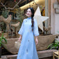 Lâm Anh - Fleur Blue Asymmetrical High Collar Embroidery Butterfly Chiffon Ao Dai Top Only, NO PANTS