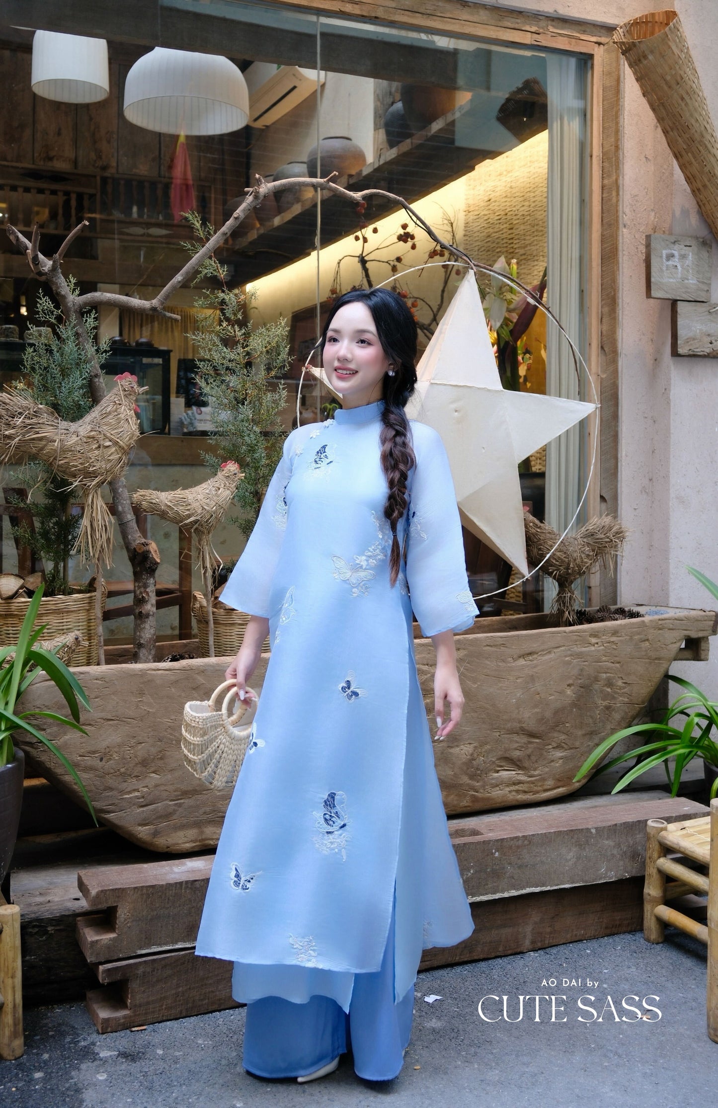 Lâm Anh - Fleur Blue Asymmetrical High Collar Embroidery Butterfly Chiffon Ao Dai Top Only, NO PANTS
