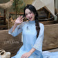 Lâm Anh - Fleur Blue Asymmetrical High Collar Embroidery Butterfly Chiffon Ao Dai Top Only, NO PANTS