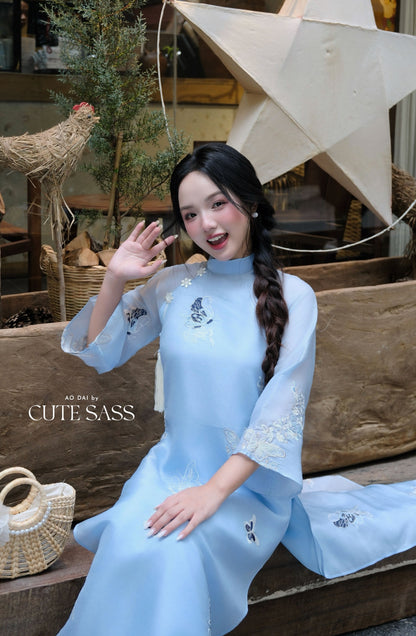 Lâm Anh - Fleur Blue Shifted Asymmetrical High Collar Embroidery Butterfly Chiffon Ao Dai Top Only, NO PANTS | 36B
