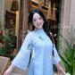 Lâm Anh - Fleur Blue Asymmetrical High Collar Embroidery Butterfly Chiffon Ao Dai Top Only, NO PANTS