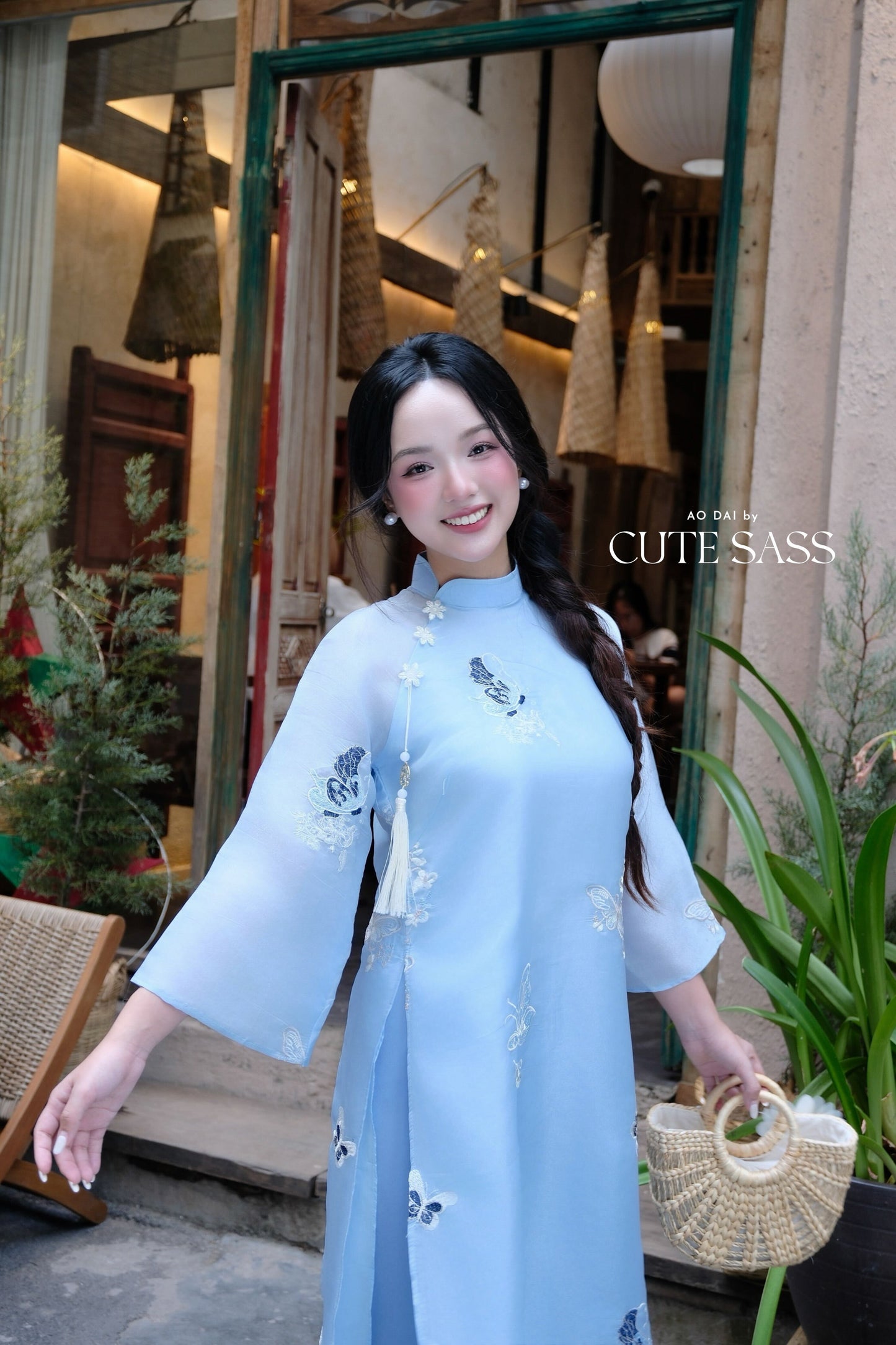Lâm Anh - Fleur Blue Asymmetrical High Collar Embroidery Butterfly Chiffon Ao Dai Top Only, NO PANTS