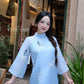 Lâm Anh - Fleur Blue Asymmetrical High Collar Embroidery Butterfly Chiffon Ao Dai Top Only, NO PANTS