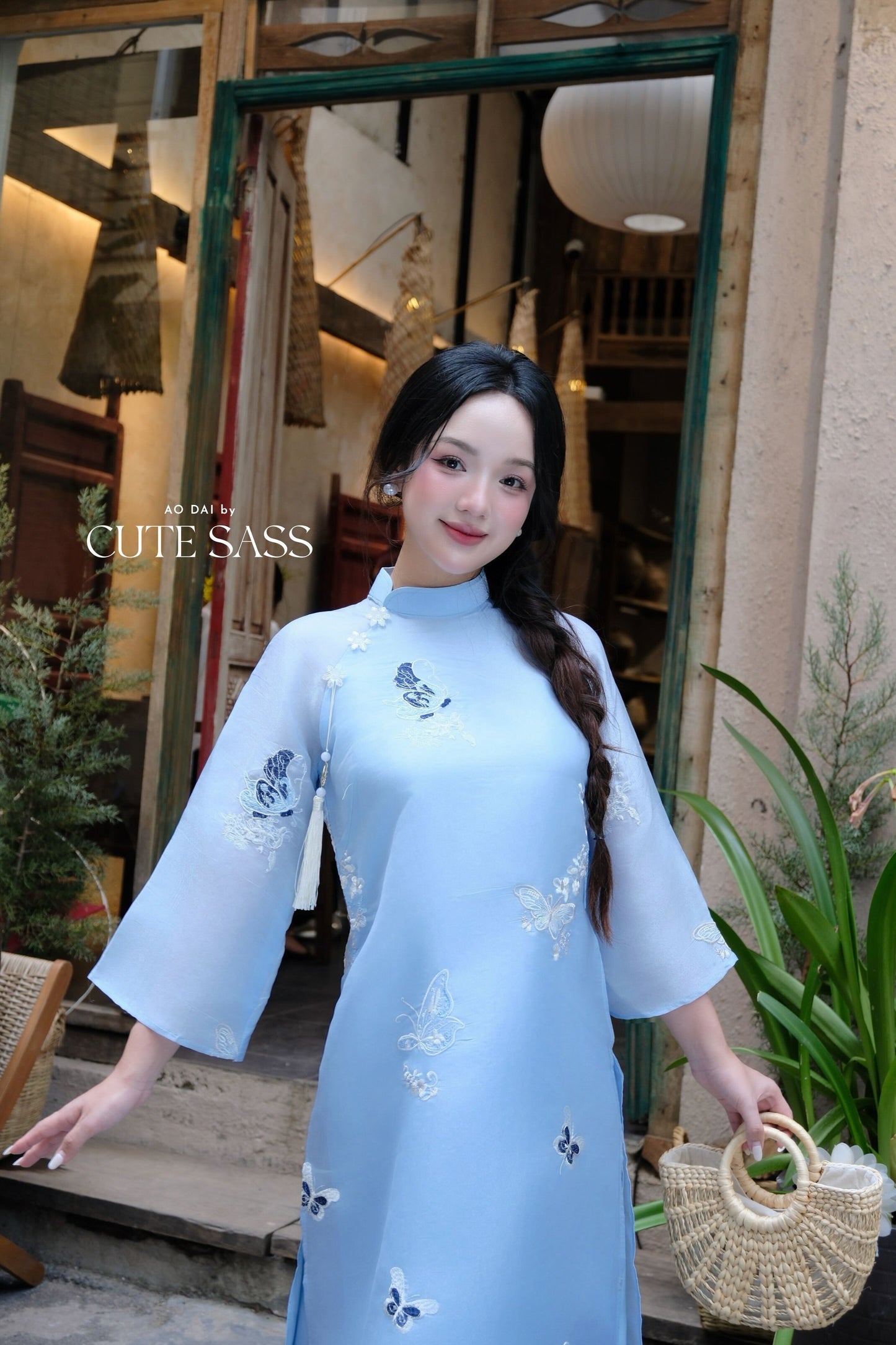 Lâm Anh - Fleur Blue Asymmetrical High Collar Embroidery Butterfly Chiffon Ao Dai Top Only, NO PANTS