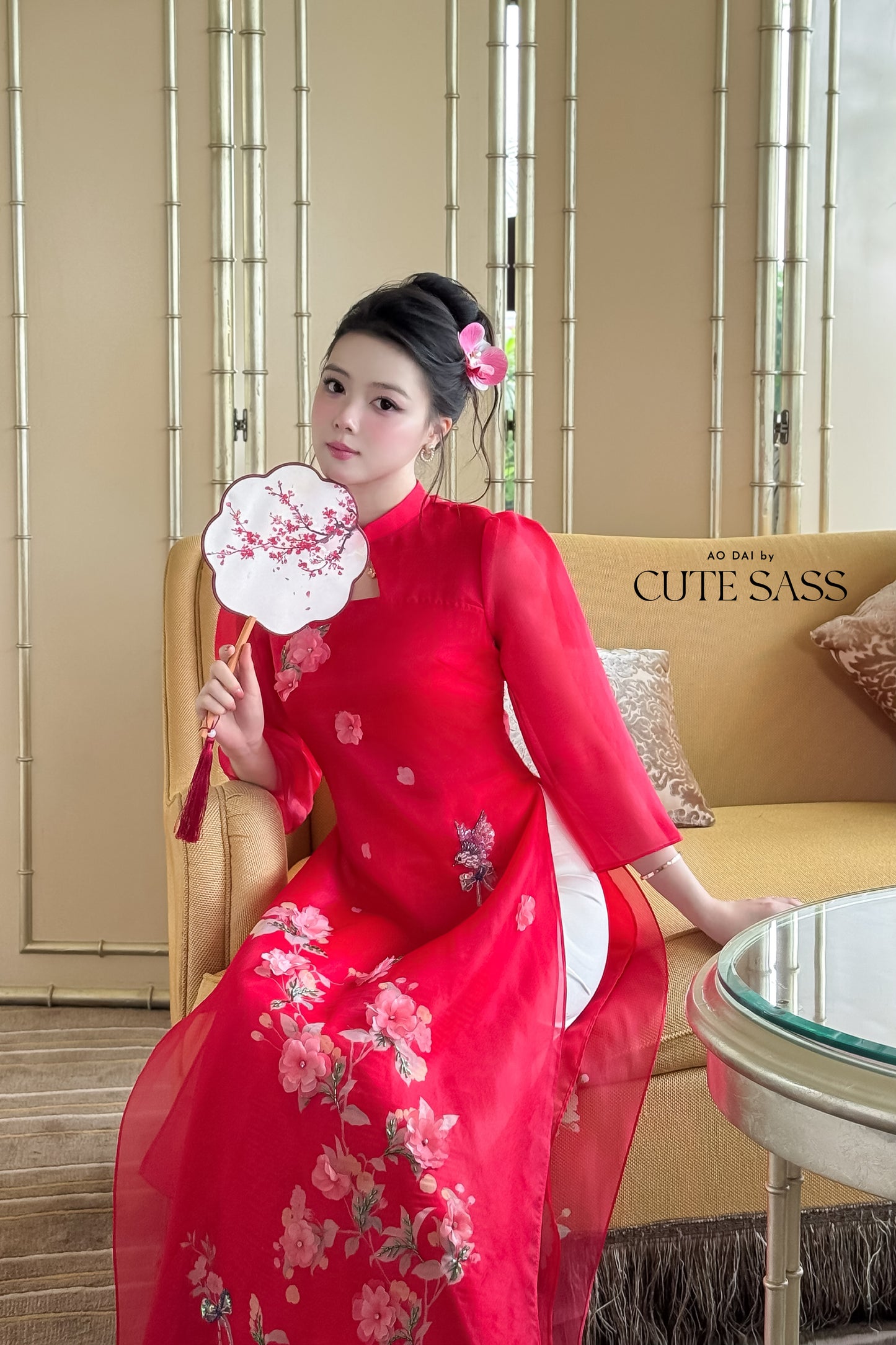 Red Cutout 3D Flowers Sparkle Ao Dai Set 28B
