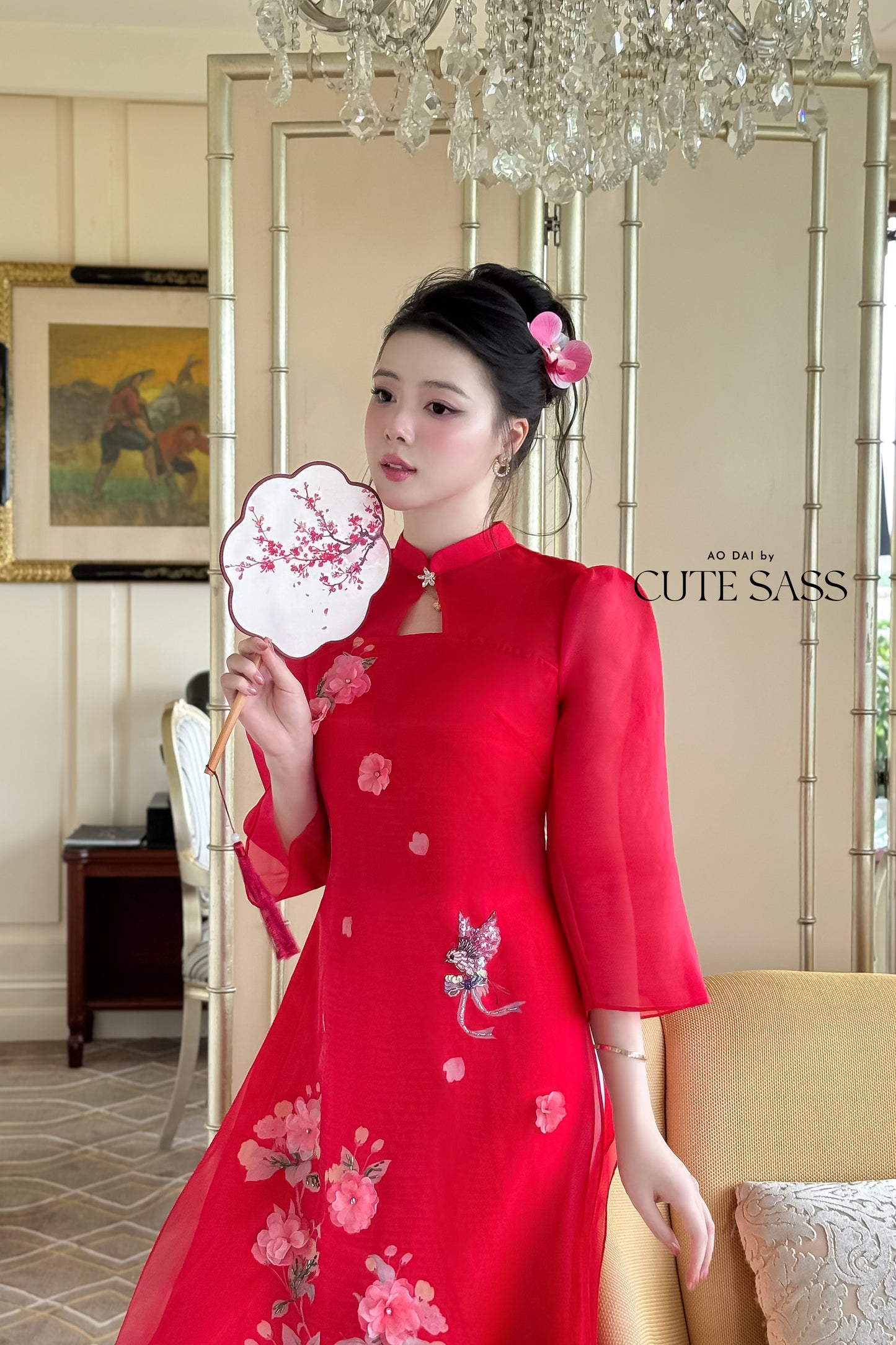 Red Cutout 3D Flowers Sparkle Ao Dai Set 28B
