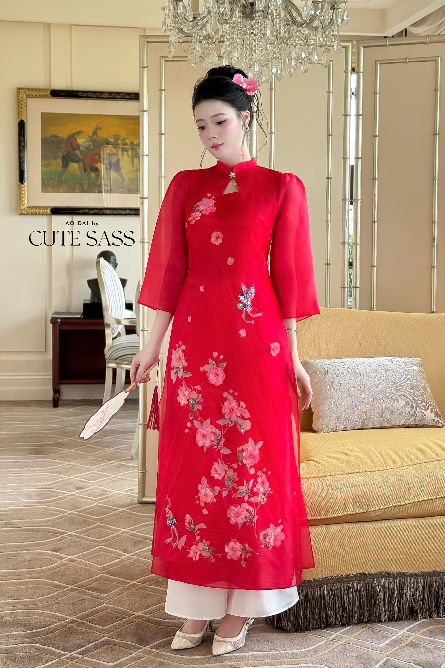Red Cutout 3D Flowers Sparkle Ao Dai Set 28B