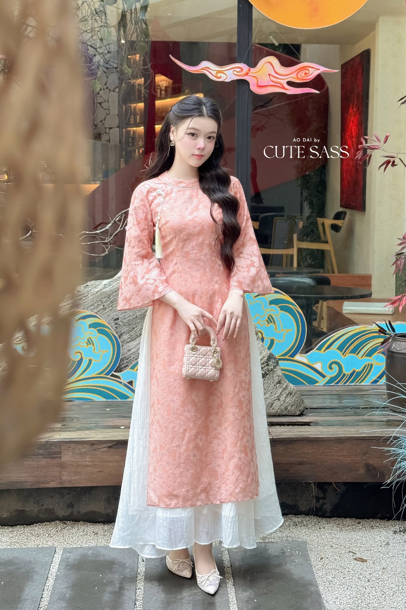 Nhu Mai - Peach/Coral Sparkle Ao Dai Set with Skirt 58E