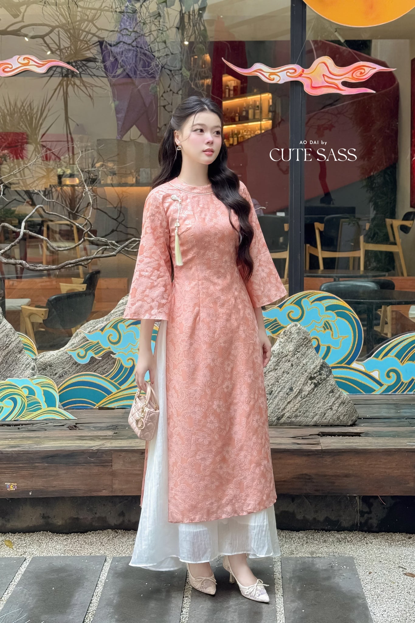 Nhu Mai - Peach/Coral Sparkle Ao Dai Set with Skirt 58E