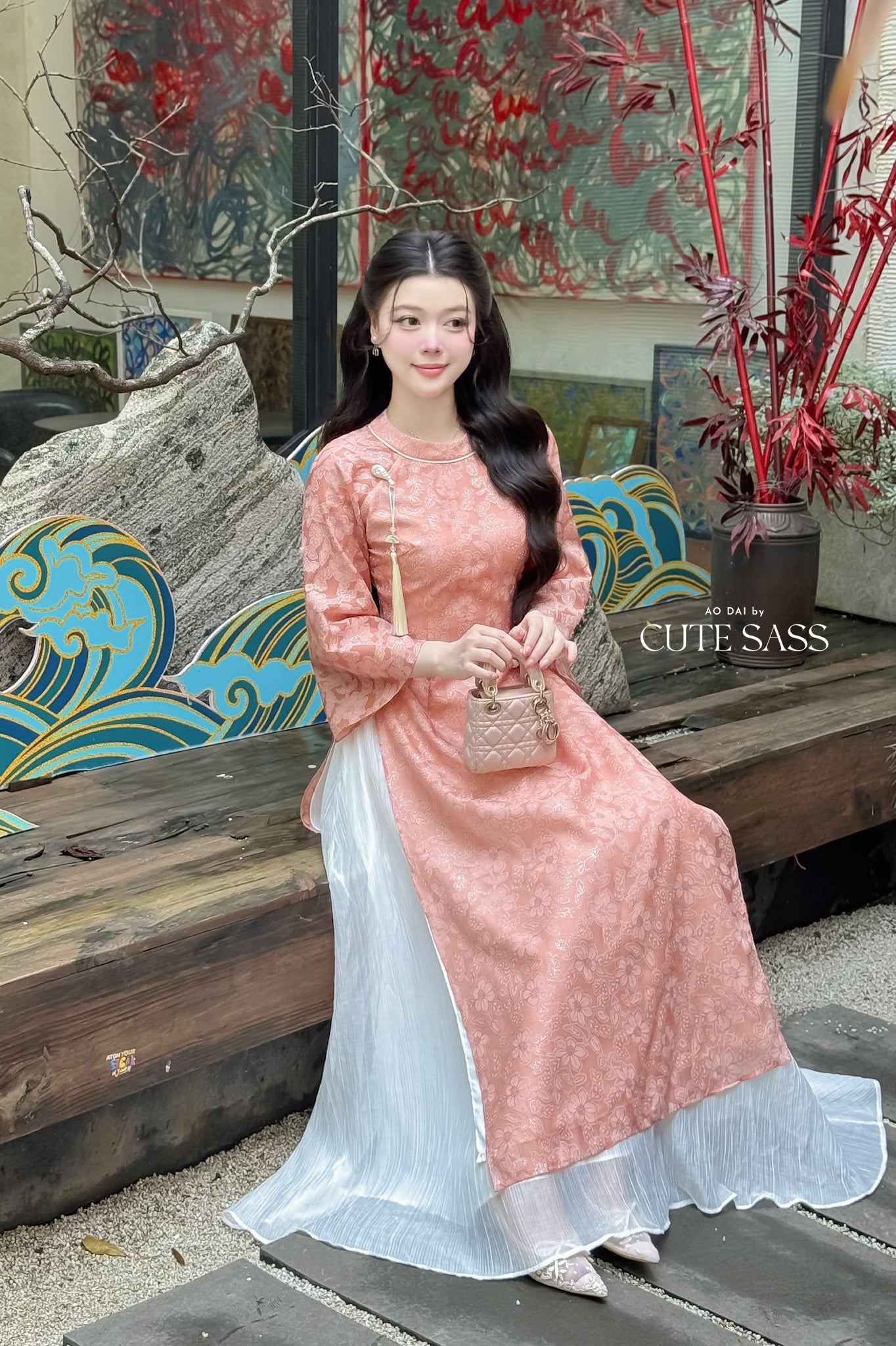 Nhu Mai - Peach/Coral Sparkle Ao Dai Set with Skirt 58E