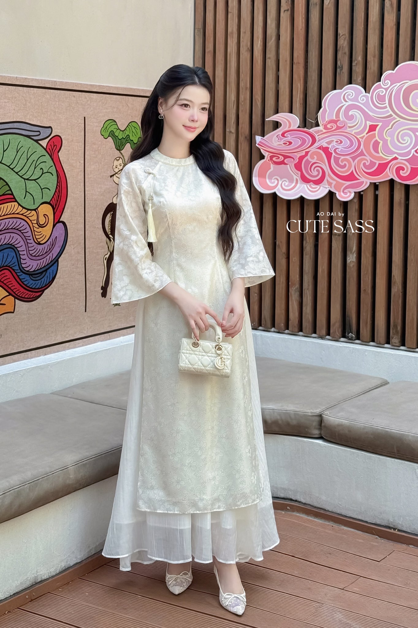Nhu Mai - Cream Sparkle Ao Dai Set with Skirt 60E