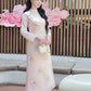 Nhu Mai - Pink Embroidery Chiffon Hibiscus with Tassel Ao Dai Set, 64E