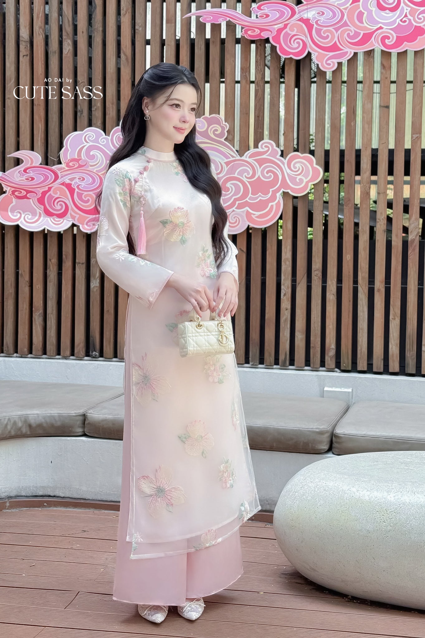 Nhu Mai - Pink Embroidery Chiffon Hibiscus with Tassel Ao Dai Set, 64E