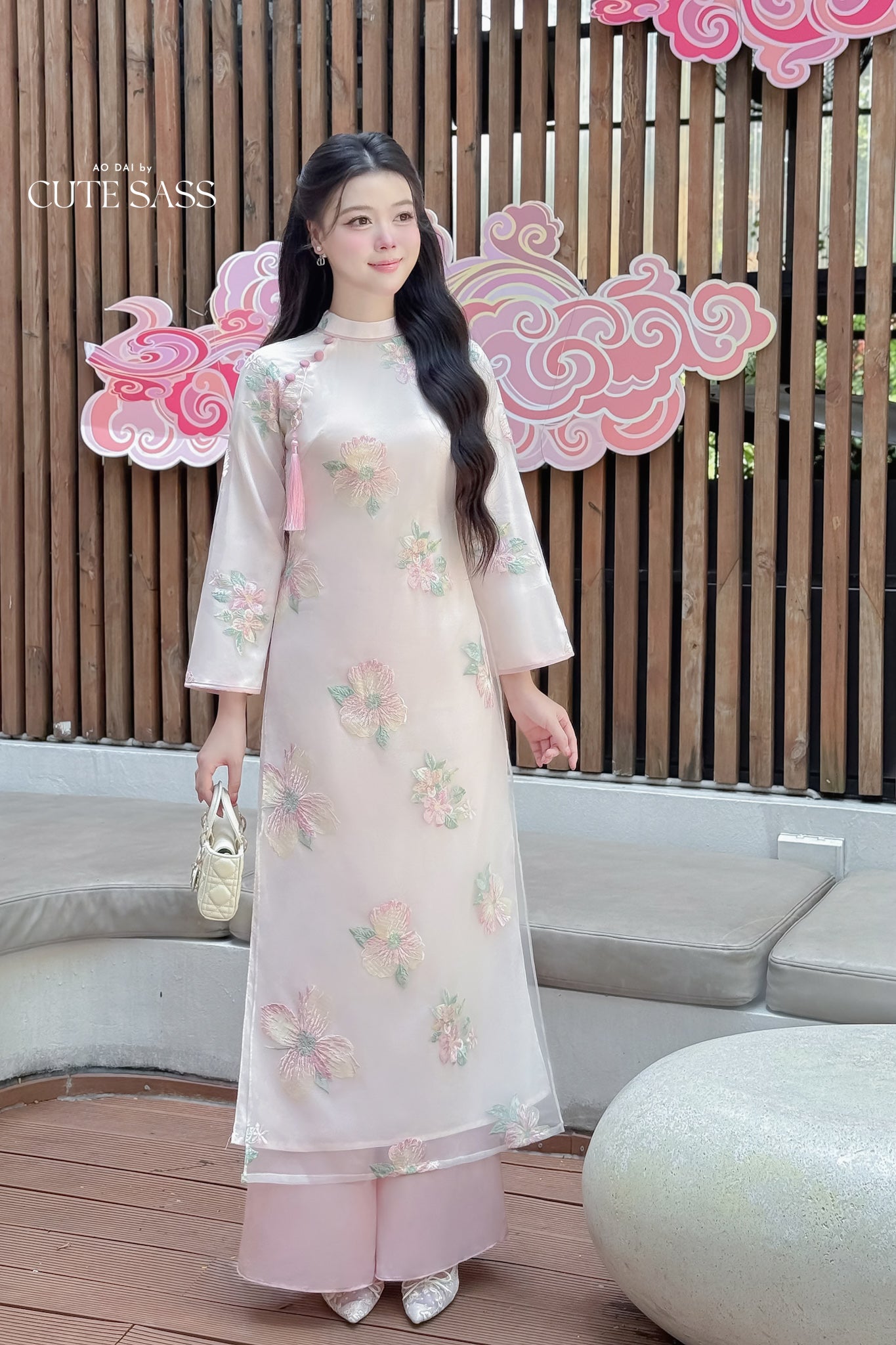 Nhu Mai - Pink Embroidery Chiffon Hibiscus with Tassel Ao Dai Set, 64E