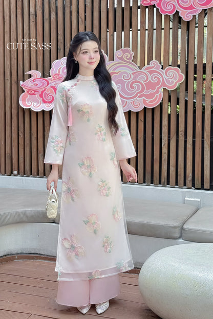 Nhu Mai - Pink Embroidery Chiffon Hibiscus with Tassel Ao Dai Set, 18A