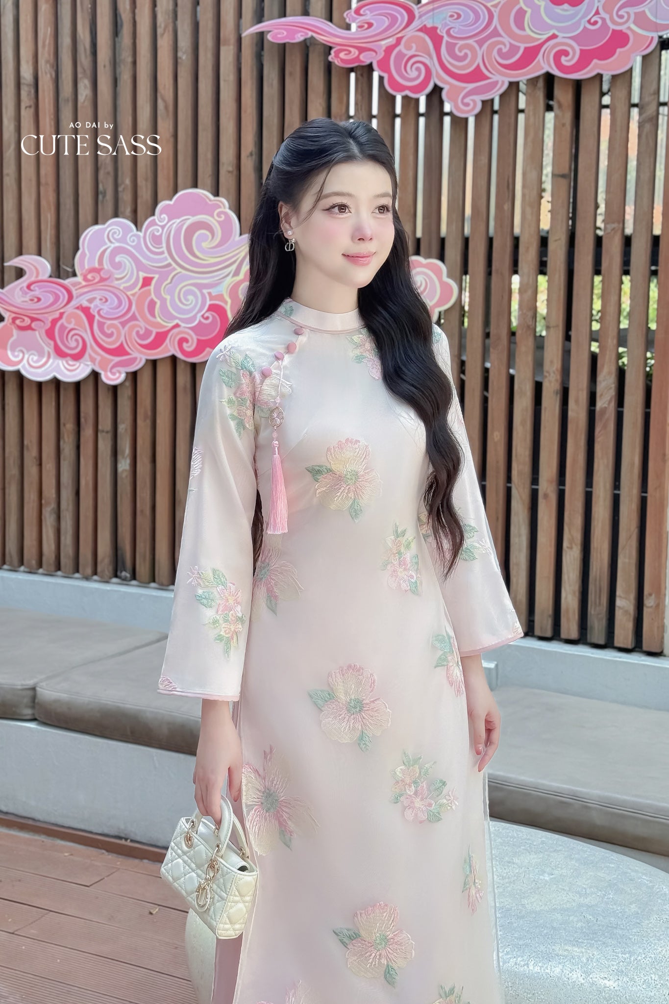 Nhu Mai - Pink Embroidery Chiffon Hibiscus with Tassel Ao Dai Set, 64E