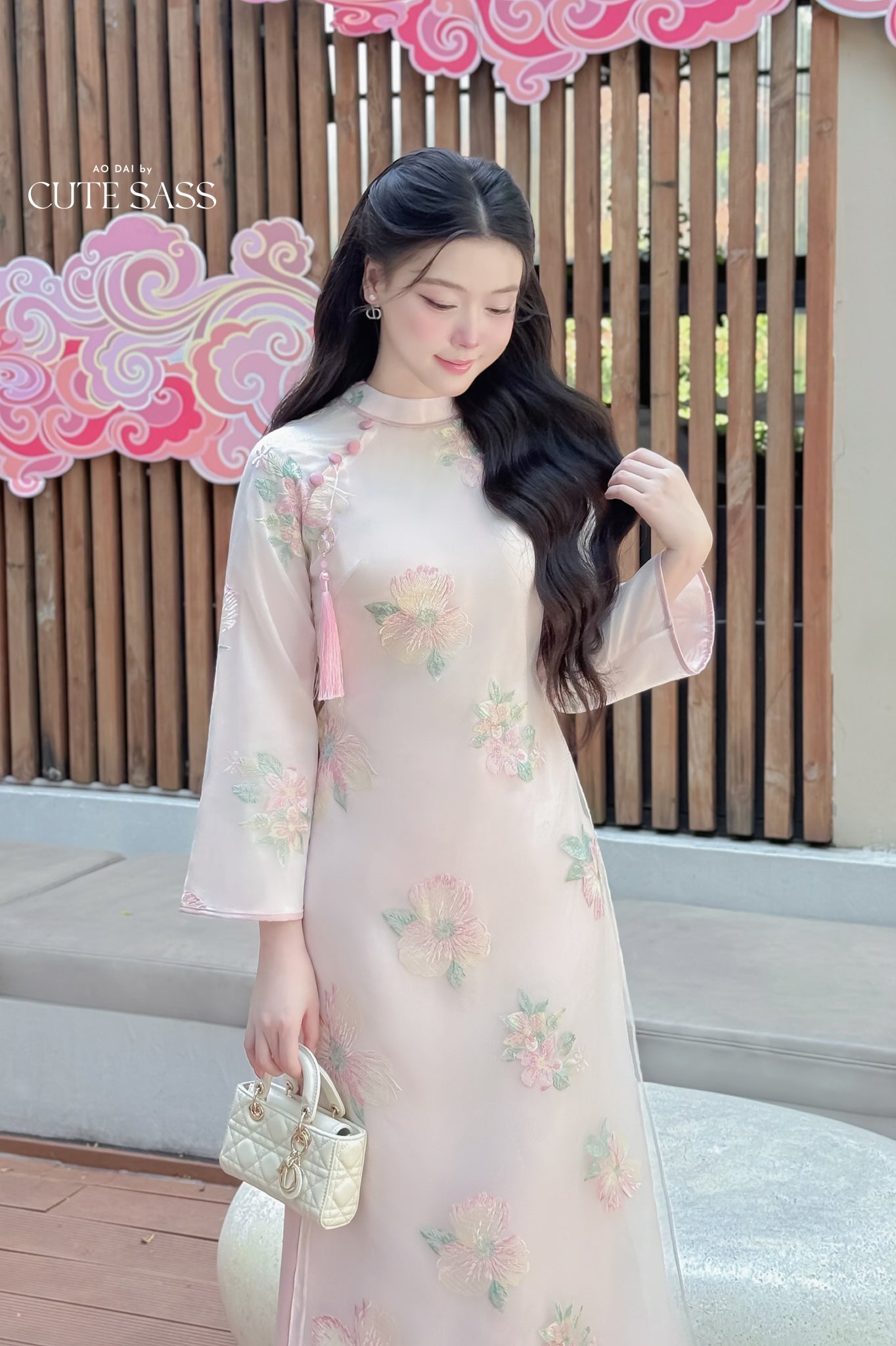 Nhu Mai - Pink Embroidery Chiffon Hibiscus with Tassel Ao Dai Set, 64E