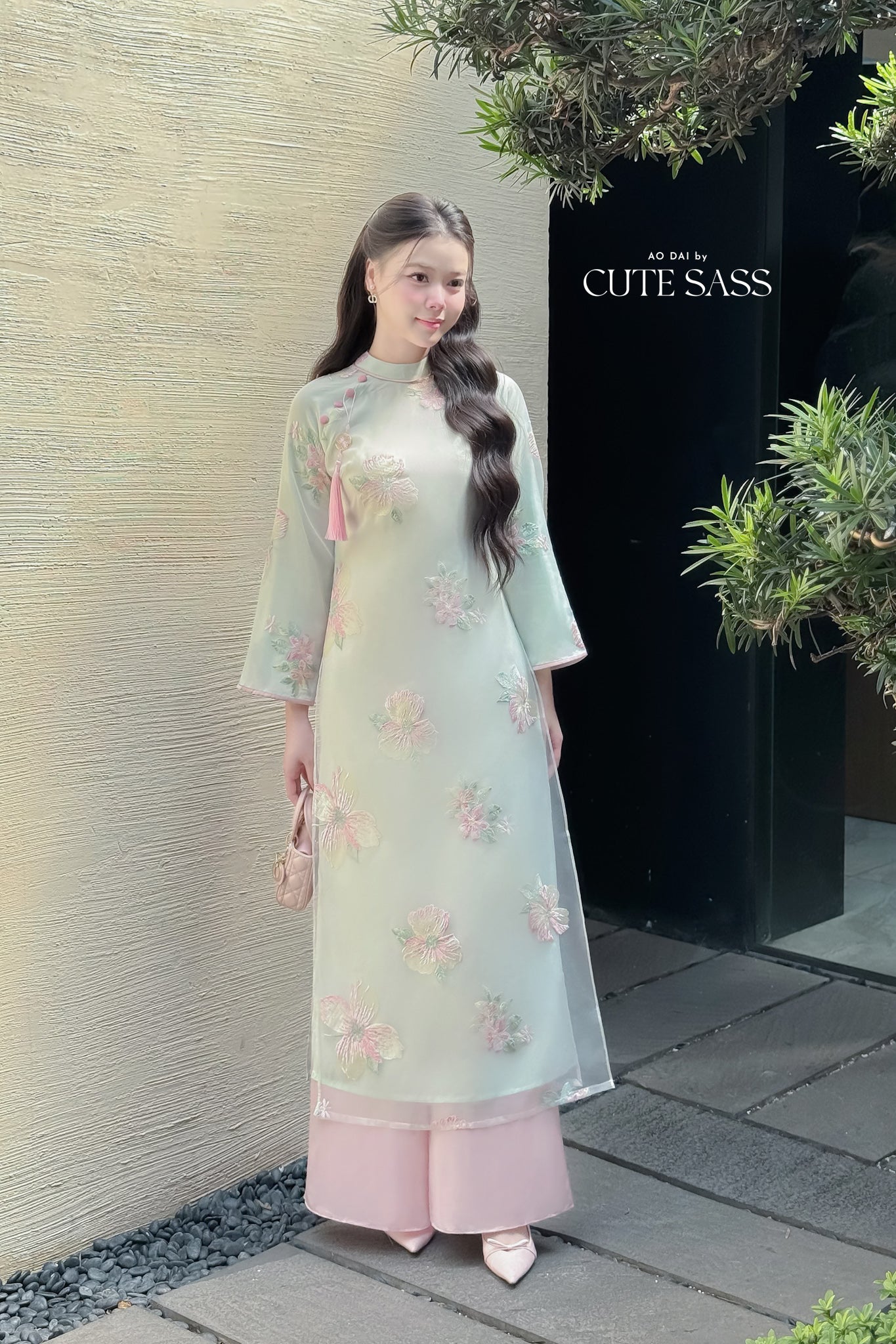 Nhu Mai - Cyan Embroidery Chiffon Hibiscus with Tassel Ao Dai Set 51E