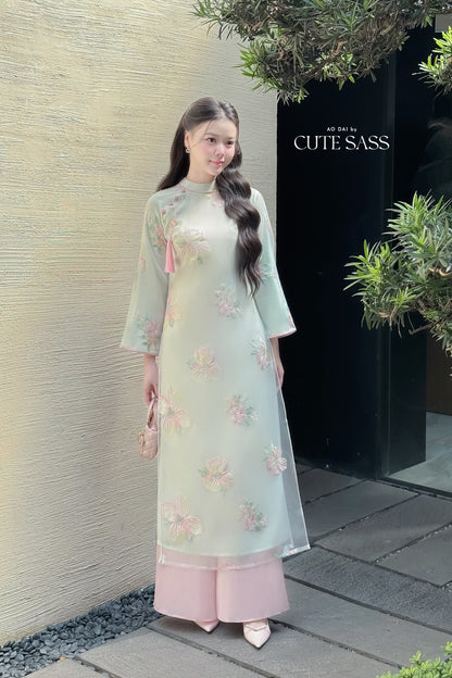 Nhu Mai - Cyan Embroidery Chiffon Hibiscus with Tassel Ao Dai Set 18A