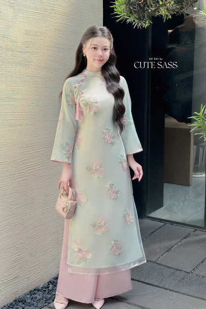 Nhu Mai - Cyan Embroidery Chiffon Hibiscus with Tassel Ao Dai Set 18A