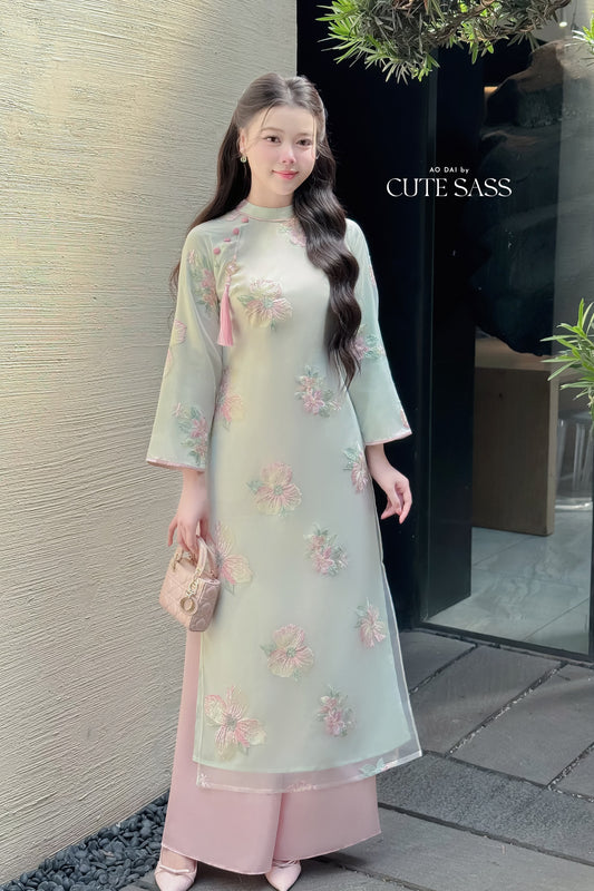Nhu Mai - Cyan Embroidery Chiffon Hibiscus with Tassel Ao Dai Set 51E
