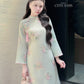 Nhu Mai - Cyan Embroidery Chiffon Hibiscus with Tassel Ao Dai Set 51E