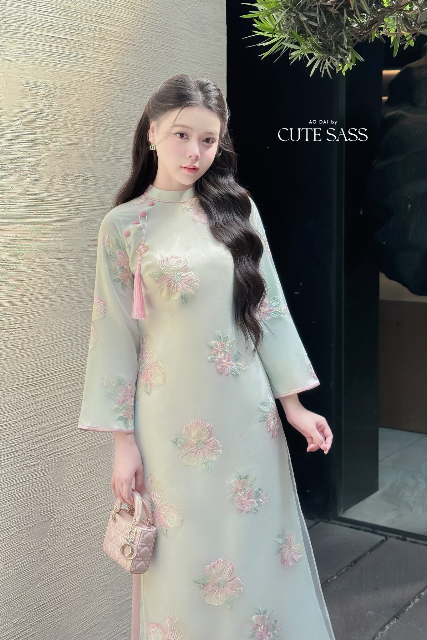 Nhu Mai - Cyan Embroidery Chiffon Hibiscus with Tassel Ao Dai Set 51E