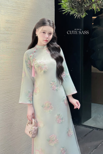 Nhu Mai - Cyan Embroidery Chiffon Hibiscus with Tassel Ao Dai Set 18A