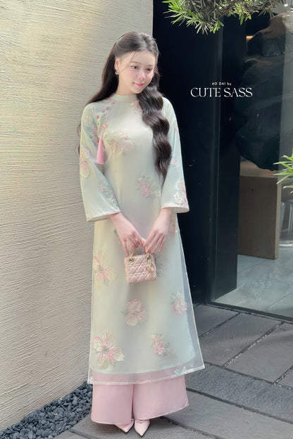 Nhu Mai - Cyan Embroidery Chiffon Hibiscus with Tassel Ao Dai Set 18A