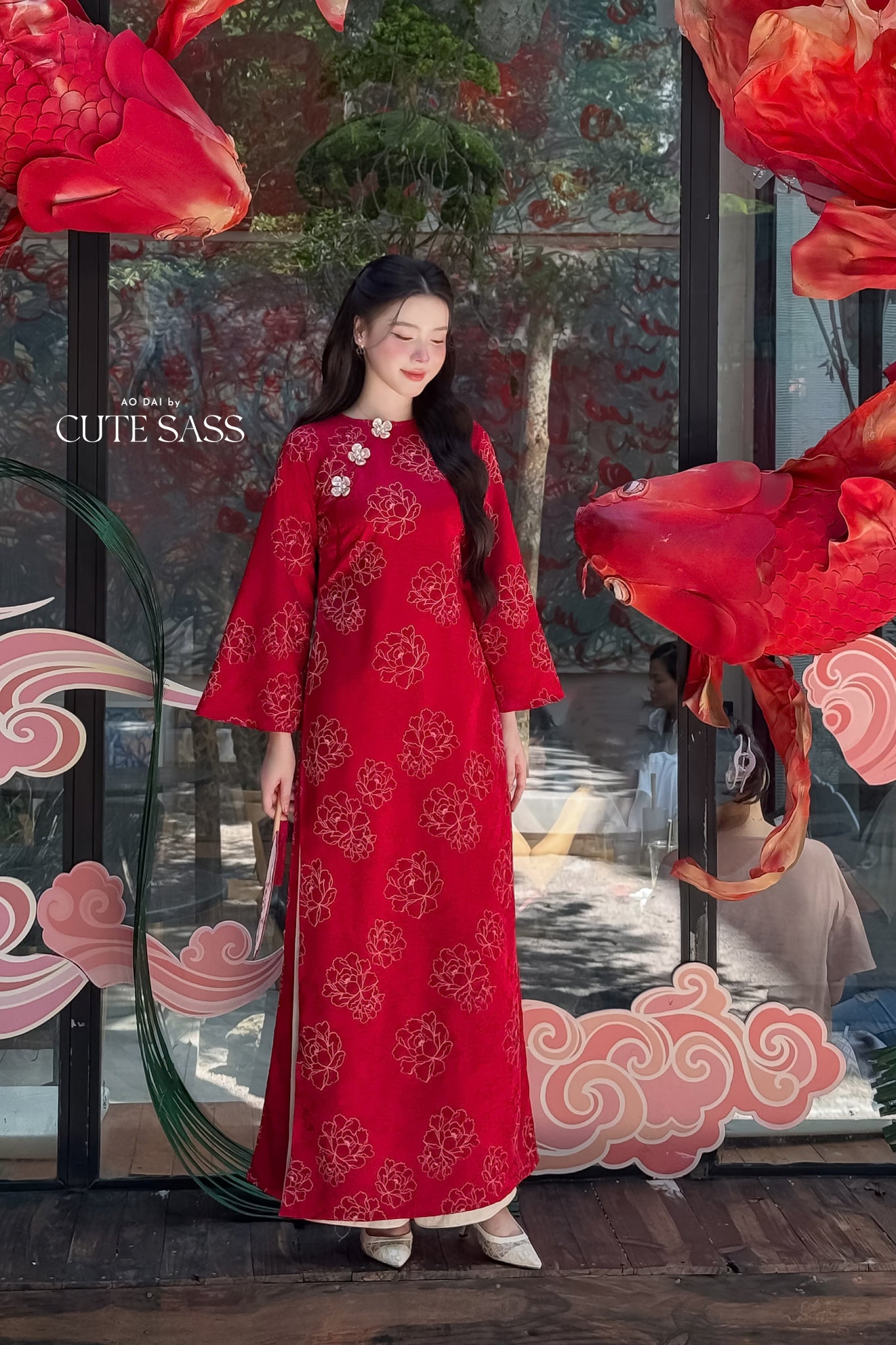 Nhu Mai - Shifted Red Shimmery Peony Ao Dai Top Only, NO PANTS 40C