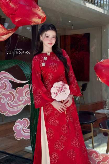 Nhu Mai - Shifted Red Shimmery Peony Ao Dai Top Only, NO PANTS 40D