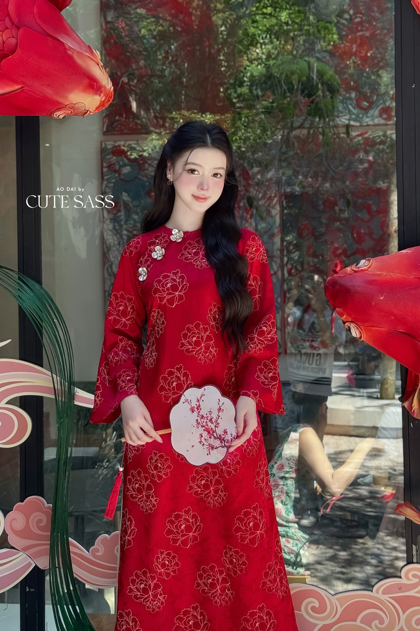 Nhu Mai - Shifted Red Shimmery Peony Ao Dai Top Only, NO PANTS 40C