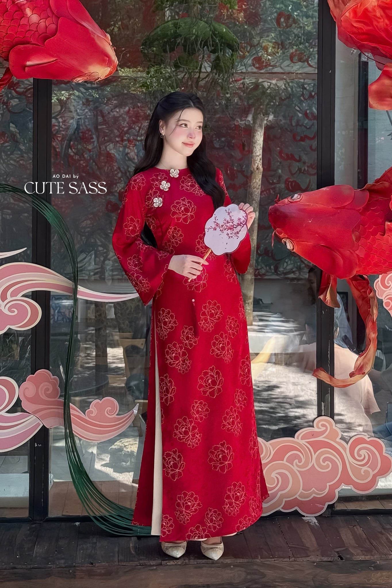 Nhu Mai - Shifted Red Shimmery Peony Ao Dai Top Only, NO PANTS 40C