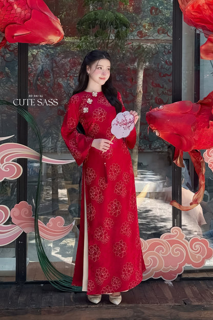 Nhu Mai - Shifted Red Shimmery Peony Ao Dai Top Only, NO PANTS 40D