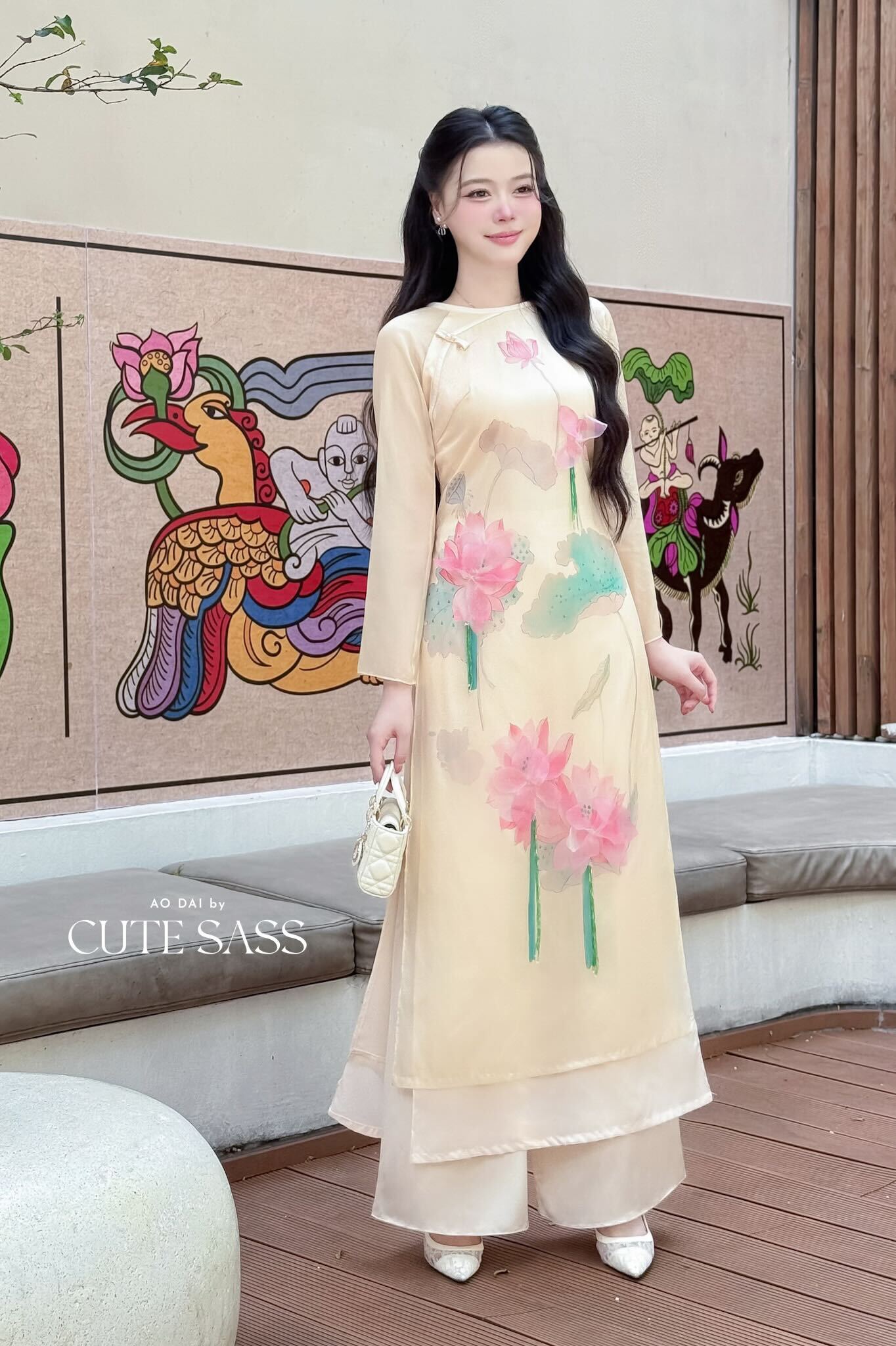 Nhu Mai - Light Yellow Printed Lotus Ao Dai Top Only, No Pants 8B