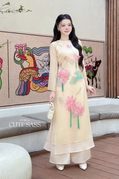 Nhu Mai - Light Yellow Printed Lotus Ao Dai Top Only, No Pants 14E